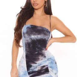 Fashion Nova Staying Ruched Tie Dye Mini Dress - Navy/combo