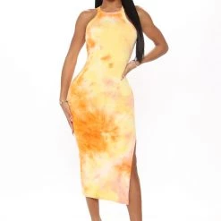 Fashion Nova Sweet Talk Tie Dye Midi Dress - Yellow/combo