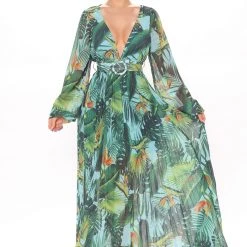 Fashion Nova Nights In Paradise Printed Maxi Dress - Green/combo