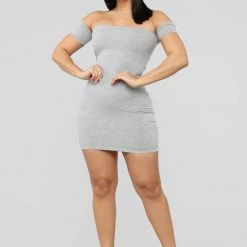 Fashion Nova Simple Dreams Off Shoulder Mini Dress - Heather Grey