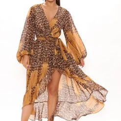 Fashion Nova Nadine Long Sleeve Midi Dress - Mustard/combo