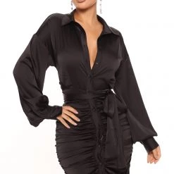 Fashion Nova Annaith Satin Shirt Dress - Black