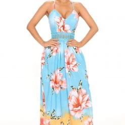 Fashion Nova Holy Slit II Sleeveless Maxi Dress - Blue/combo