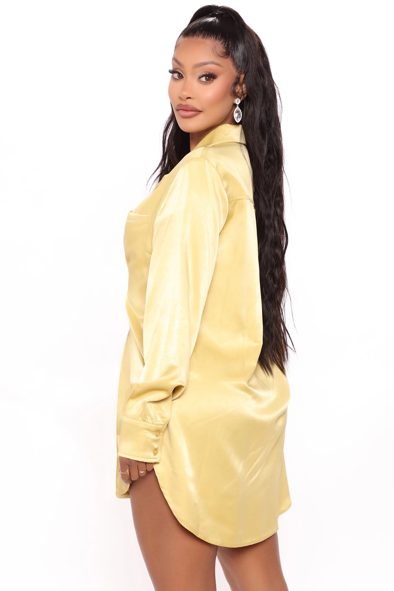 Fashion Nova Petite Slip On Satin Shirt Dress - Mustard 6 Fashion Nova Petite Slip On Satin Shirt Dress - Mustard - Image 4