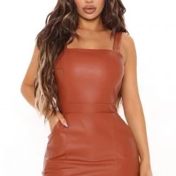 Fashion Nova You're The One Faux Leather Mini Dress - Rust