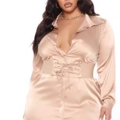 Fashion Nova First Priority Satin Mini Shirt Dress - Mocha -fashion nova dresses Shop 02 26 21Studio3 MS JH 13 30 26 66 PIDD04 Mocha 0617 PLUS RA