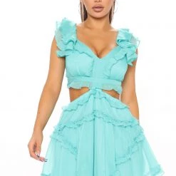 Fashion Nova Good Times Only Ruffle Mini Dress - Turquoise