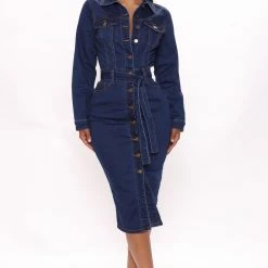 Fashion Nova Set For Life Denim Midi Dress - Dark Wash