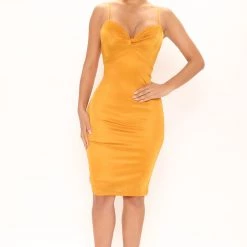 Fashion Nova All Chill Slinky Midi Dress - Mustard