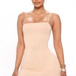 Fashion Nova Loryanne Ribbed Mini Dress - Beige