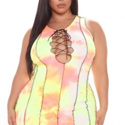 Fashion Nova Riley Lace Up Mini Dress - Orange/combo -fashion nova dresses Shop 03 15 21Studio3 RM ML 11 16 02 31 D7185 OrangeCombo 0293 PLUS NT