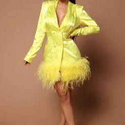 Fashion Nova Brianna Feathered Blazer Dress - Neon Yellow