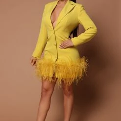 Fashion Nova Makena Feather Blazer Dress - Chartreuse