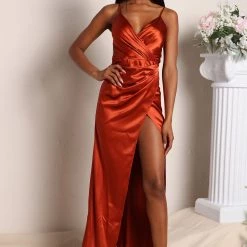 Fashion Nova Just Say Yes Satin Maxi Dress - Rust