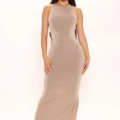 Fashion Nova Back In Town Slinky Maxi Dress - Taupe