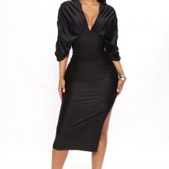 Fashion Nova Mandy Ruched Midi Dress - Black