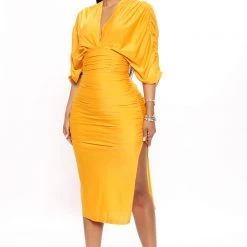Fashion Nova Mandy Ruched Midi Dress - Mustard