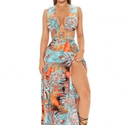 Fashion Nova Brunch In The Tropics Maxi Dress - Teal/combo