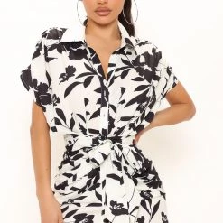 Fashion Nova Floral Emotions Shirt Dress - White/Black -fashion nova dresses Shop 04 13 22Studio2 CE KP 13 16 40 64 DM2631 WhiteBlack 3435 EH