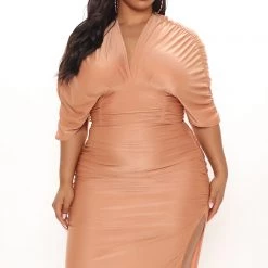 Fashion Nova Mandy Ruched Midi Dress - Peach -fashion nova dresses Shop 05 04 21Studio1 ME RL 09 58 45 15 FS21F888 Peach 4296 PLUS WG