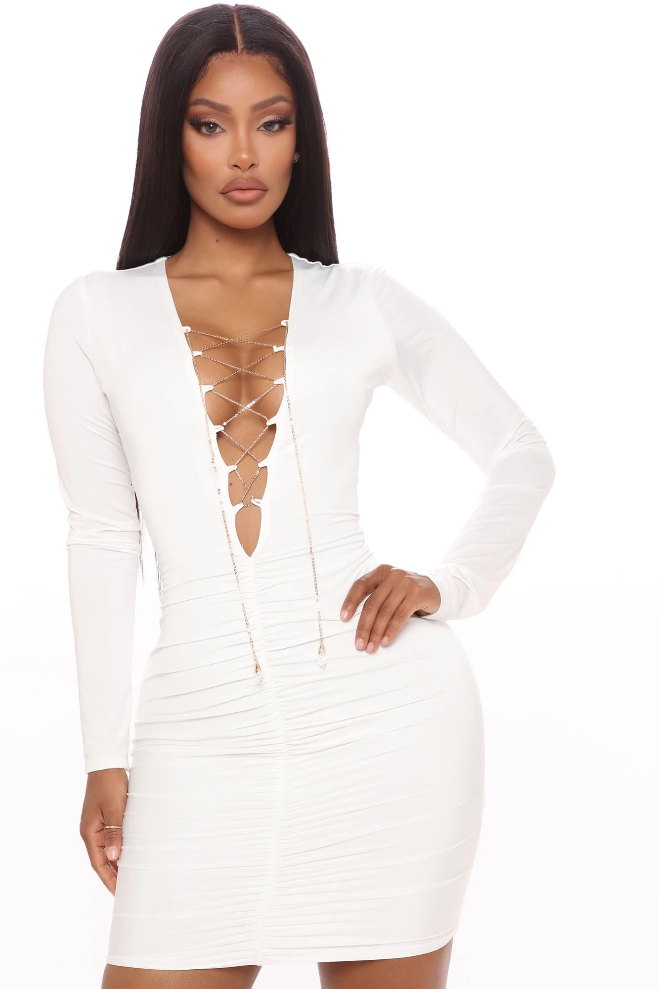 Fashion Nova Chain The Trend Ruched Mini Dress - White 9 Fashion Nova Chain The Trend Ruched Mini Dress - White - Image 7