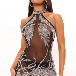 Fashion Nova Body Shimmer Mesh Mini Dress - Black