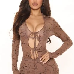 Fashion Nova Little Dancer Mesh Mini Dress - Brown/combo