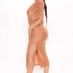 Fashion Nova Mandy Ruched Midi Dress - Peach -fashion nova dresses Shop 05 21 21Studio2 SN KP 10 32 36 8 FS21F888 Peach P 4630 KL