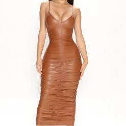 Fashion Nova No Feelings Faux Leather Midi Dress - Cognac