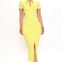 Fashion Nova Meet At Dolce Ribbed Midi Dress - Chartreuse