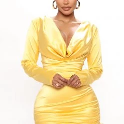 Fashion Nova Champagne Bottles Satin Mini Dress - Yellow