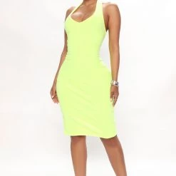 Fashion Nova Isabelle Halter Midi Dress - Neon Yellow