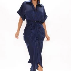 Fashion Nova Stuck In The City Satin Midi Dress - Navy