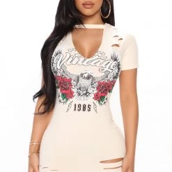 Fashion Nova Petite Vintage Distressed T-Shirt Dress - Cream