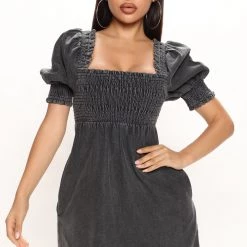 Fashion Nova The Moment Denim Babydoll Mini Dress - Black