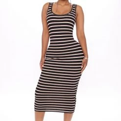 Fashion Nova She Loves Stripes Midi Dress - Black/combo