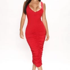 Fashion Nova Ellie Ruched Midi Dress - Red