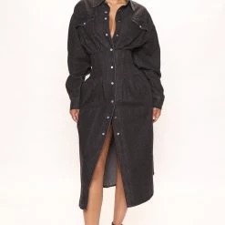 Fashion Nova Street Mood Denim Midi Dress - Black