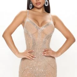 Fashion Nova Shine Bright Embellished Mini Dress - Nude