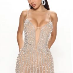 Fashion Nova Deep Dive Embellished Mini Dress - Nude