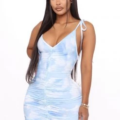 Fashion Nova Day Dreaming Ruched Mini Dress - Blue