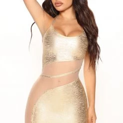 Fashion Nova Marcie Metallic Bandage Mini Dress - Gold