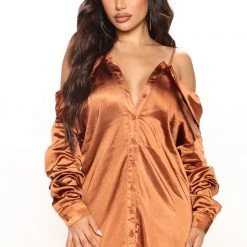 Fashion Nova Cassy Satin Mini Dress - Camel