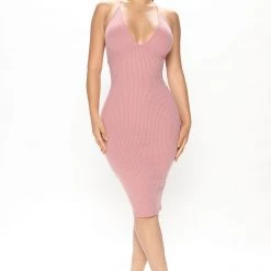 Fashion Nova Carli Ribbed Midi Dress - Rose