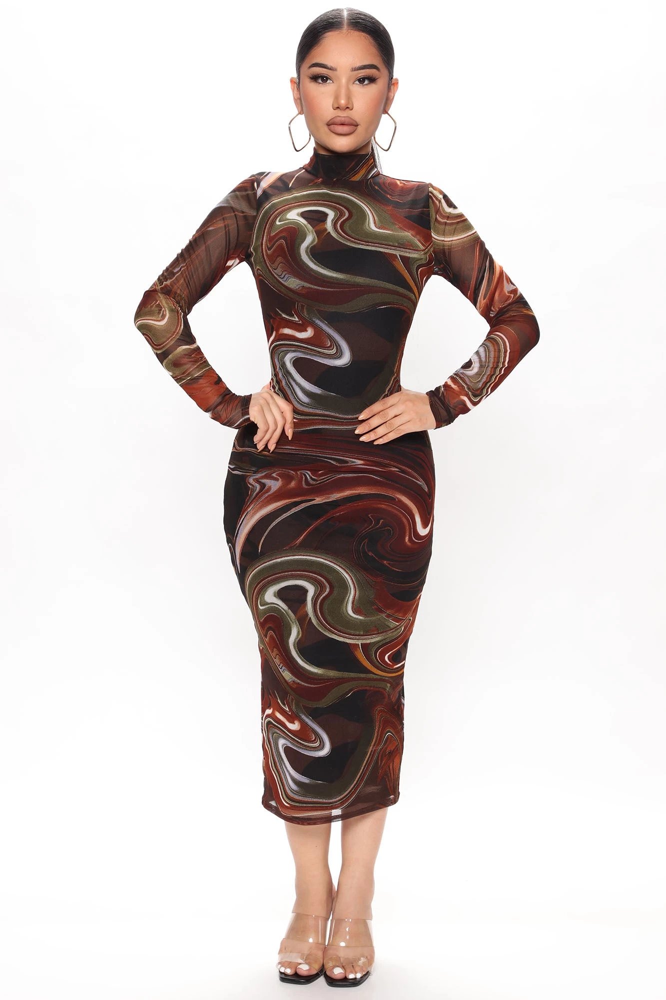 Fashion Nova In A Swirl Mesh Midi Dress - Brown/combo 3 Fashion Nova In A Swirl Mesh Midi Dress - Brown/combo
