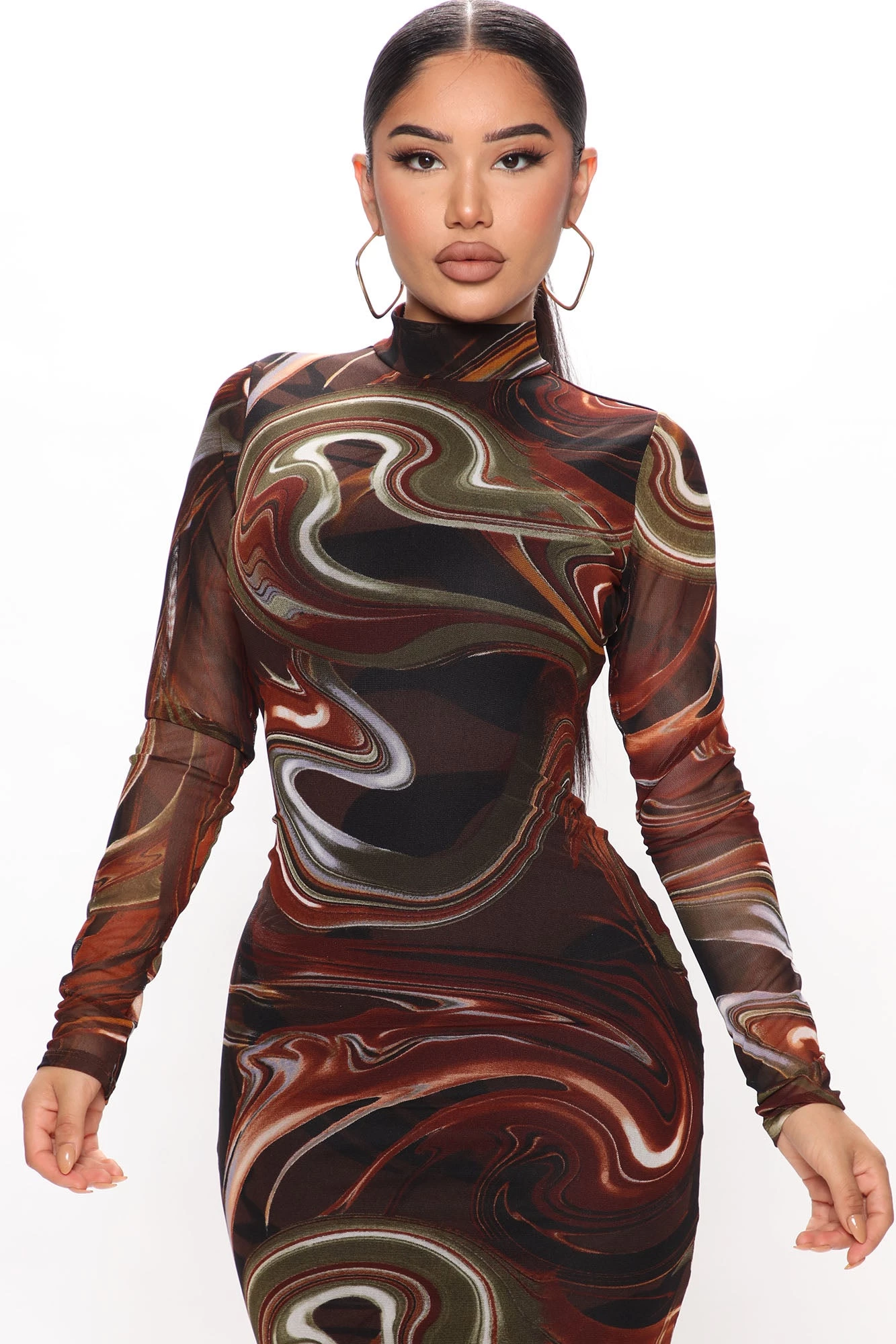 Fashion Nova In A Swirl Mesh Midi Dress - Brown/combo 4 Fashion Nova In A Swirl Mesh Midi Dress - Brown/combo - Image 2