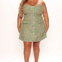 Fashion Nova Tanya Tweed Mini Dress - Green/combo -fashion nova dresses Shop 07 15 22Studio4 RT AC 10 28 04 7 FNZD25000FN Greencombo 0973 PLUS JB