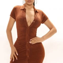 Fashion Nova Janelle Ruched Shirt Dress - Cognac -fashion nova dresses Shop 07 19 21Studio2 SN KP 10 19 38 37 JD10784 Cognac 1006 EH