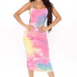 Fashion Nova Good As Always Tie Dye Midi Dress - Hot Pink/Combo