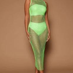 Fashion Nova Nadiya Embellished Fishnet Midi Dress - Lime